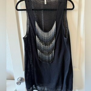SMITTEN Black Knit Sleeveless Top with Beaded Fringe